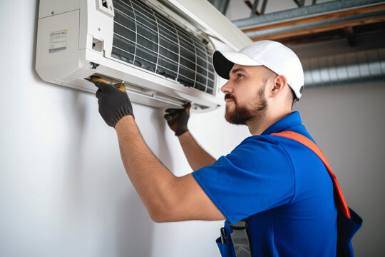 Air conditioning technician servicing a wall-mounted AC unit in Evans, CO