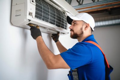 Air conditioning technician servicing a wall-mounted AC unit in Evans, CO